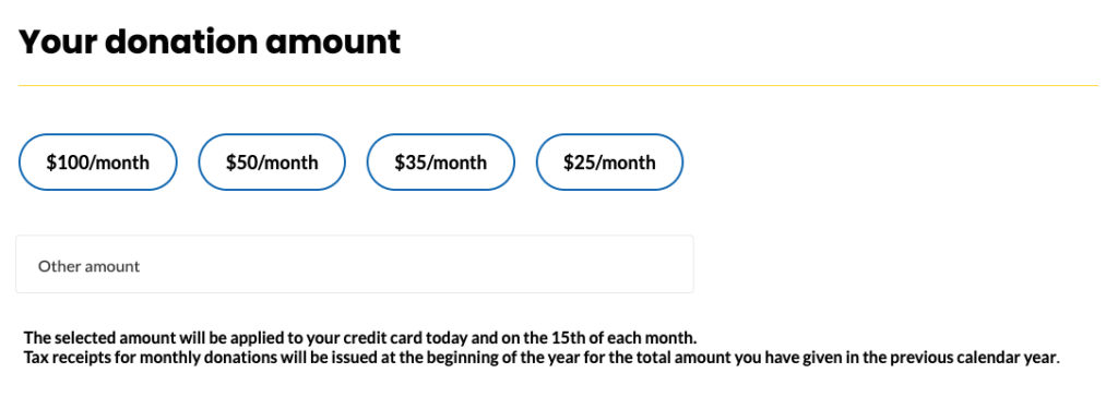 Example of a monthly giving form. Donation options: $25, 35$, 50$, and $100