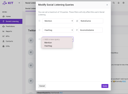 KIT's social listening search feature