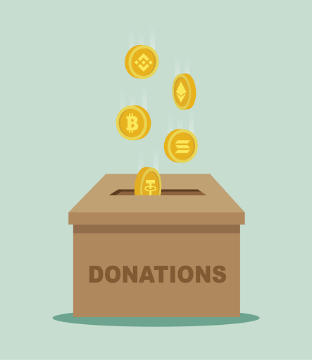 Crypto coins falling into a donations box