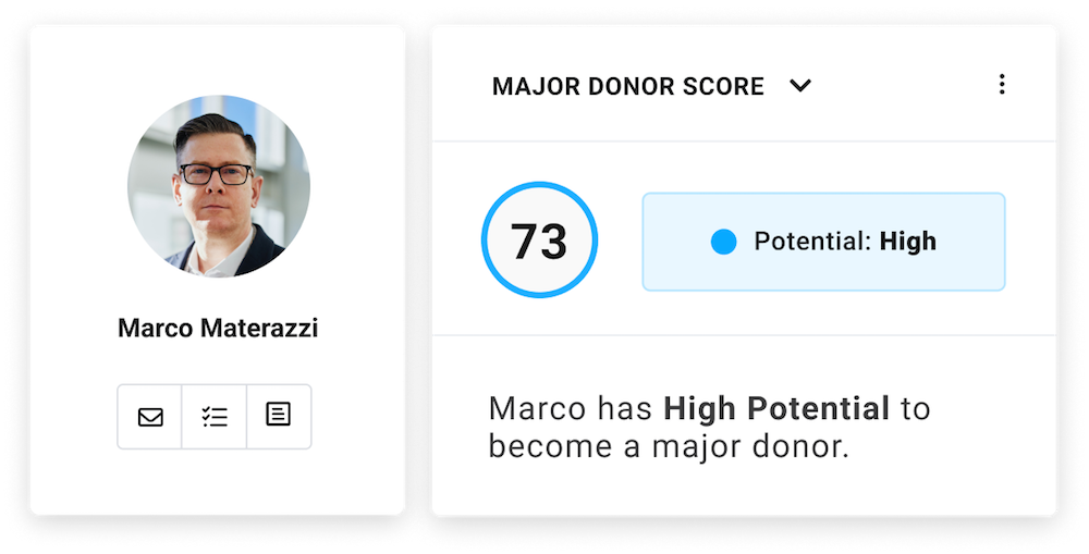 A contact with a high potential to become a major donor with a score of 73