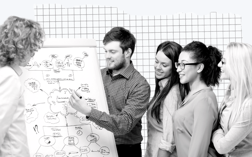 A group of people planning out a fundraising strategy on a whiteboard