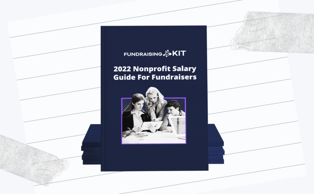 Cover page of the 2022 Fundraising Salaries Guide with group of people looking at a tablet