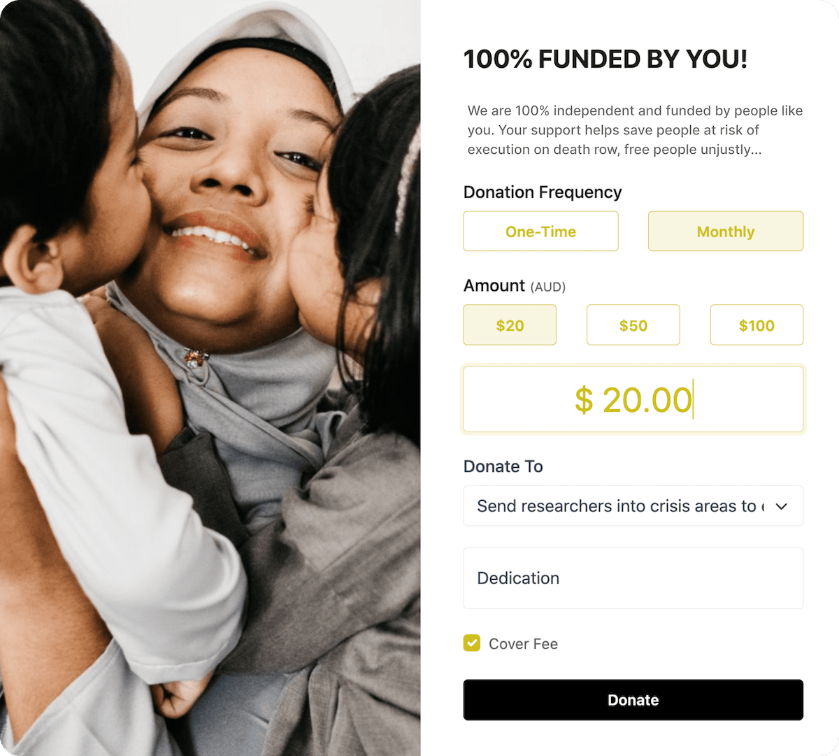 A fundraising form with an image of a mother and 2 kids