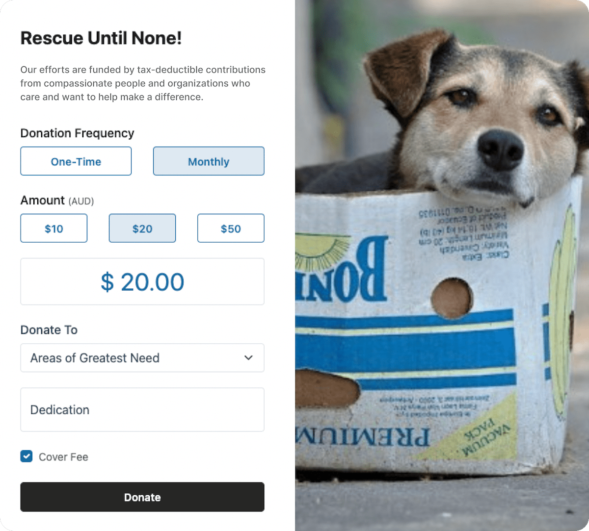 A fundraising form with an image of a dog
